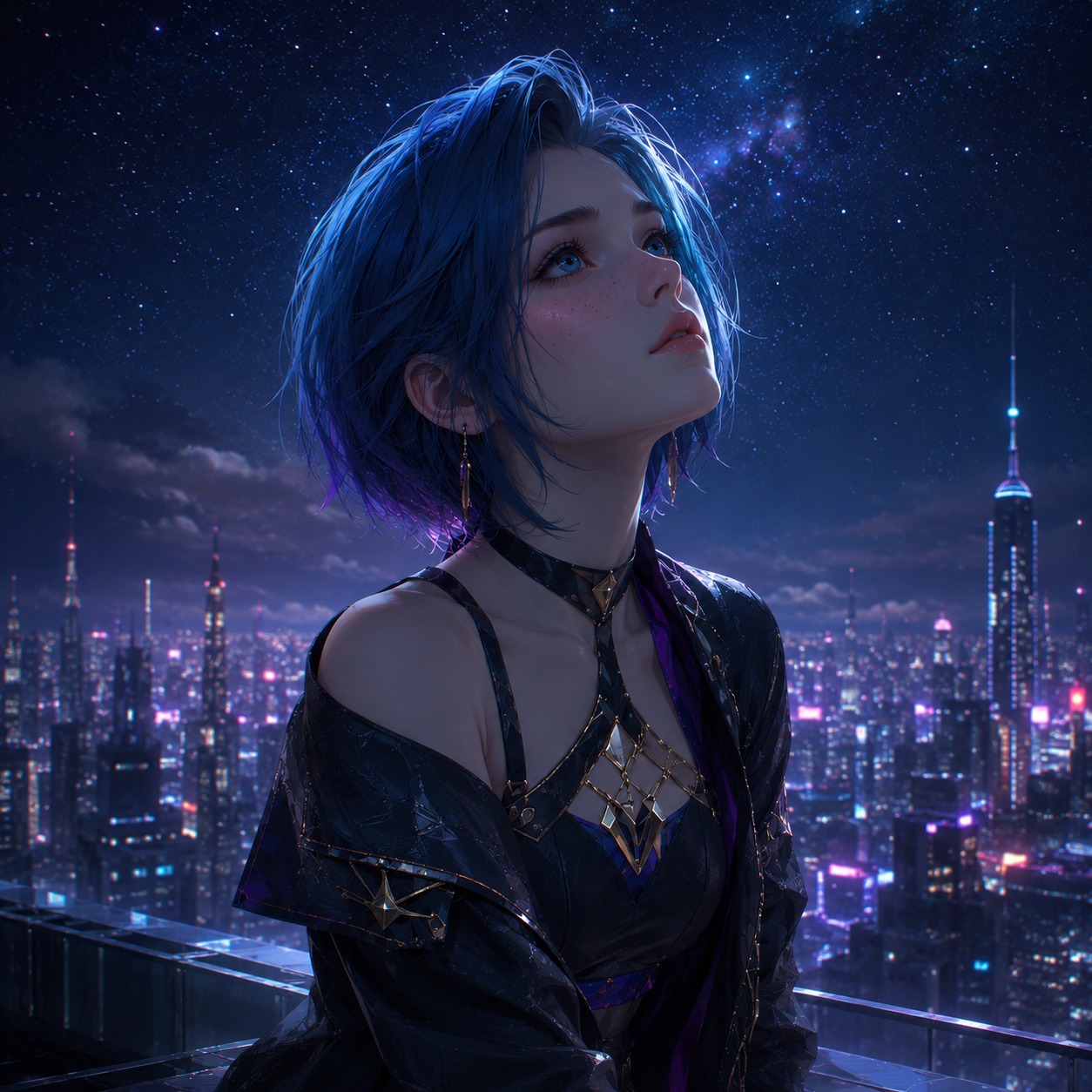 星空城市中的AI人物近景图像
