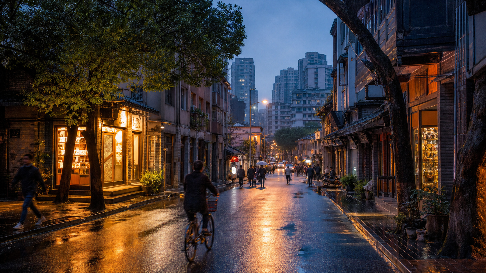 雨后蓝调时刻的中国城市街道